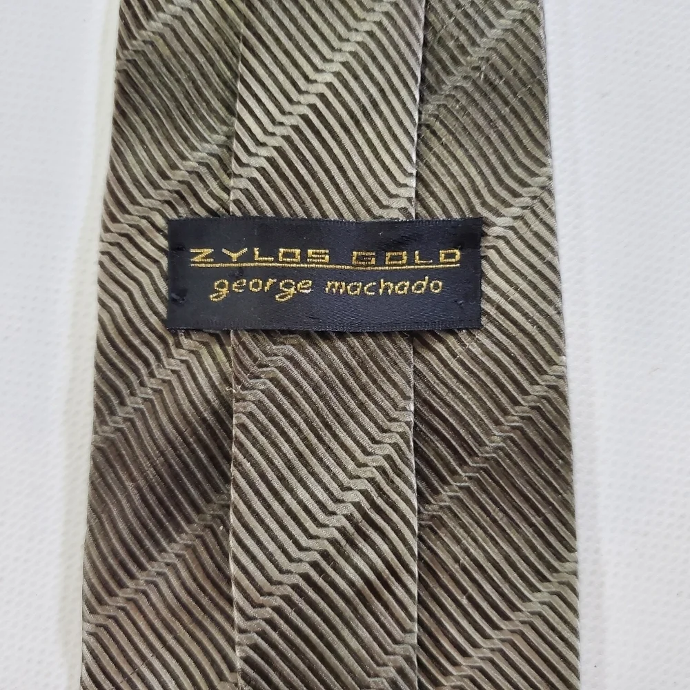 Zylos Gold George Machado Silk Diagonal Stripe Tie Brown Gold Length 56